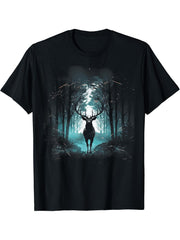 Forest Deer Wildlife Animal Illustration T-Shirt 180G 100% Cotton Printed Round Neck Short-Sleeve T-Shirt, Gifts for Men Dad Husband Grandpa, S-XXXL, Black