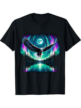 American Bald Eagle Aurora Nothern Lights Forrest T-Shirt 180G 100% Cotton Printed Round Neck Short-Sleeve T-Shirt, Gifts for Men Dad Husband Grandpa, S-XXXL, Black