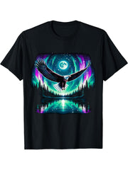 American Bald Eagle Aurora Nothern Lights Forrest T-Shirt 180G 100% Cotton Printed Round Neck Short-Sleeve T-Shirt, Gifts for Men Dad Husband Grandpa, S-XXXL, Black