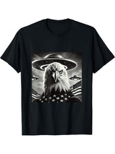 Patriotic Bald Eagle UFO Alien American Flag Black and White T-Shirt 180G 100% Cotton Printed Round Neck Short-Sleeve T-Shirt, Gifts for Men Dad Husband Grandpa, S-XXXL, Black