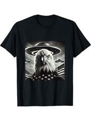 Patriotic Bald Eagle UFO Alien American Flag Black and White T-Shirt 180G 100% Cotton Printed Round Neck Short-Sleeve T-Shirt, Gifts for Men Dad Husband Grandpa, S-XXXL, Black