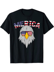 4th Of July Proud American Bald Eagle Merica US Flag Eagle T-Shirt 180G 100% Cotton Printed Round Neck Short-Sleeve T-Shirt, Gifts for Men Dad Husband Grandpa, S-XXXL, Black