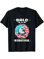 Bald Is Beautiful 4th of July Independence Day Bald Eagle T-Shirt 180G 100% Cotton Printed Round Neck Short-Sleeve T-Shirt, Gifts for Men Dad Husband Grandpa, S-XXXL, Black