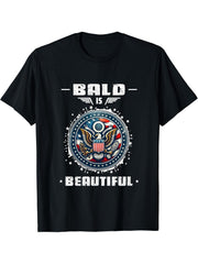 Bald Is Beautiful 4th of July Independence Day Bald Eagle T-Shirt 180G 100% Cotton Printed Round Neck Short-Sleeve T-Shirt, Gifts for Men Dad Husband Grandpa, S-XXXL, Black