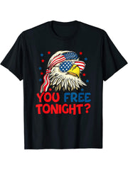 You Free Tonight Bald Eagle Mullet American Flag 4th Of July T-Shirt 180G 100% Cotton Printed Round Neck Short-Sleeve T-Shirt, Gifts for Men Dad Husband Grandpa, S-XXXL, Black