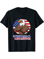 Bald Eagle 'Merica - Patriotic America USA 4th of July T-Shirt 180G 100% Cotton Printed Round Neck Short-Sleeve T-Shirt, Gifts for Men Dad Husband Grandpa, S-XXXL, Black