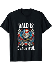 Bald Is Beautiful 4th of July Independence Day Bald Eagle T-Shirt 180G 100% Cotton Printed Round Neck Short-Sleeve T-Shirt, Gifts for Men Dad Husband Grandpa, S-XXXL, Black