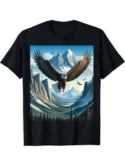 Soaring Bald Eagle Mountain Backdrop T-Shirt 180G 100% Cotton Printed Round Neck Short-Sleeve T-Shirt, Gifts for Men Dad Husband Grandpa, S-XXXL, Black