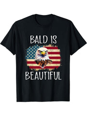Bald Is Beautiful 4th of July Independence Day Bald Eagle T-Shirt 180G 100% Cotton Printed Round Neck Short-Sleeve T-Shirt, Gifts for Men Dad Husband Grandpa, S-XXXL, Black