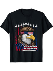 4th Of July Merica USA Flag Bald Eagle Patriotic Fighter Jet T-Shirt 180G 100% Cotton Printed Round Neck Short-Sleeve T-Shirt, Gifts for Men Dad Husband Grandpa, S-XXXL, Black