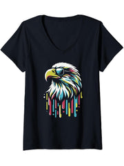 Womens Cool Bald Eagle Sunglasses Graphic Colorful Art Design V-Neck T-Shirt 180G 100% Cotton Printed Round Neck Short-Sleeve T-Shirt, Gifts for Men Dad Husband Grandpa, S-XXXL, Black