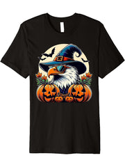 Cute Bald Eagle Witch Halloween Pumpkin Eagle Lover Premium T-Shirt 180G 100% Cotton Printed Round Neck Short-Sleeve T-Shirt, Gifts for Men Dad Husband Grandpa, S-XXXL, Black
