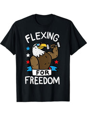 Flexing For Freedom Stars Bald Eagle Weight Lifting T-Shirt 180G 100% Cotton Printed Round Neck Short-Sleeve T-Shirt, Gifts for Men Dad Husband Grandpa, S-XXXL, Black