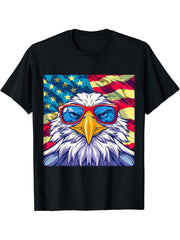 4th of July Merica USA Flag Bald Eagle Patriotic Veteran T-Shirt 180G 100% Cotton Printed Round Neck Short-Sleeve T-Shirt, Gifts for Men Dad Husband Grandpa, S-XXXL, Black