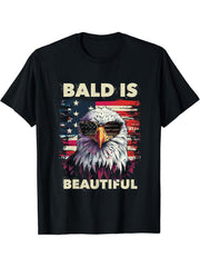 Bald Is Beautiful 4th of July Independence Day Bald Eagle T-Shirt 180G 100% Cotton Printed Round Neck Short-Sleeve T-Shirt, Gifts for Men Dad Husband Grandpa, S-XXXL, Black