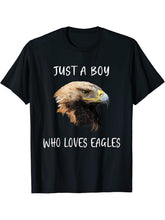 Bald Eagle Just a Boy Who Loves Eagles T-Shirt 180G 100% Cotton Printed Round Neck Short-Sleeve T-Shirt, Gifts for Men Dad Husband Grandpa, S-XXXL, Black
