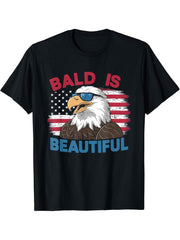 Bald Is Beautiful 4th Of July Cool Bald Eagle Sun Glasses T-Shirt 180G 100% Cotton Printed Round Neck Short-Sleeve T-Shirt, Gifts for Men Dad Husband Grandpa, S-XXXL, Black