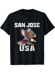Retro Distressed San Jose California USA Bald Eagle Gift T-Shirt 180G 100% Cotton Printed Round Neck Short-Sleeve T-Shirt, Gifts for Men Dad Husband Grandpa, S-XXXL, Black