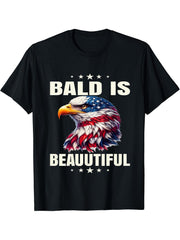 Bald Is Beautiful 4th of July Independence Day Bald Eagle T-Shirt 180G 100% Cotton Printed Round Neck Short-Sleeve T-Shirt, Gifts for Men Dad Husband Grandpa, S-XXXL, Black
