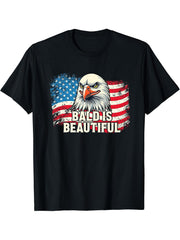 Bald Is Beautiful 4th of July Independence Day Bald Eagle T-Shirt 180G 100% Cotton Printed Round Neck Short-Sleeve T-Shirt, Gifts for Men Dad Husband Grandpa, S-XXXL, Black