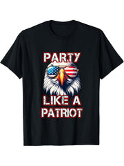 American Bald Eagle Party Like a Patriot Epic T-Shirt 180G 100% Cotton Printed Round Neck Short-Sleeve T-Shirt, Gifts for Men Dad Husband Grandpa, S-XXXL, Black