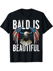 Bald Is Beautiful 4th of July Independence Day Bald Eagle T-Shirt 180G 100% Cotton Printed Round Neck Short-Sleeve T-Shirt, Gifts for Men Dad Husband Grandpa, S-XXXL, Black