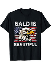 Bald Is Beautiful 4th of July Independence Day Bald Eagle T-Shirt 180G 100% Cotton Printed Round Neck Short-Sleeve T-Shirt, Gifts for Men Dad Husband Grandpa, S-XXXL, Black
