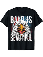 Bald Is Beautiful 4th of July Independence Day Bald Eagle T-Shirt 180G 100% Cotton Printed Round Neck Short-Sleeve T-Shirt, Gifts for Men Dad Husband Grandpa, S-XXXL, Black