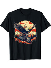Biker Bald Eagle Riding Motorcycle T-Shirt 180G 100% Cotton Printed Round Neck Short-Sleeve T-Shirt, Gifts for Men Dad Husband Grandpa, S-XXXL, Black