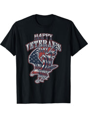 Patriotic Happy Veteran's Day Bald Eagle USA Military Vets T-Shirt 180G 100% Cotton Printed Round Neck Short-Sleeve T-Shirt, Gifts for Men Dad Husband Grandpa, S-XXXL, Black