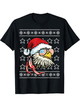 Ugly Christmas Sweater USA Flag Bald Eagle Christmas T-Shirt 180G 100% Cotton Printed Round Neck Short-Sleeve T-Shirt, Gifts for Men Dad Husband Grandpa, S-XXXL, Black