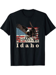 American Bald Eagle Flag Idaho Souvenir T-Shirt 180G 100% Cotton Printed Round Neck Short-Sleeve T-Shirt, Gifts for Men Dad Husband Grandpa, S-XXXL, Black