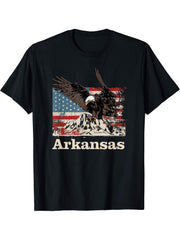 American Bald Eagle Flag Arkansas Souvenir T-Shirt 180G 100% Cotton Printed Round Neck Short-Sleeve T-Shirt, Gifts for Men Dad Husband Grandpa, S-XXXL, Black