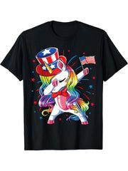 Dabbing Unicorn 4 July Uncle Sam Girls American T-Shirt 180G 100% Cotton Printed Round Neck Short-Sleeve T-Shirt, Gifts for Men Dad Husband Grandpa, S-XXXL, Black