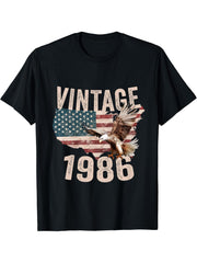 Vintage 1987 Bald Eagle American Flag Country T-Shirt 180G 100% Cotton Printed Round Neck Short-Sleeve T-Shirt, Gifts for Men Dad Husband Grandpa, S-XXXL, Black