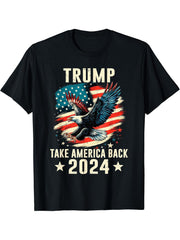 Trump 2024 Take America Back American USA Flag Bald Eagle T-Shirt 180G 100% Cotton Printed Round Neck Short-Sleeve T-Shirt, Gifts for Men Dad Husband Grandpa, S-XXXL, Black