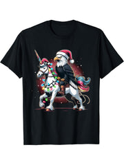Christmas Lights Bald Eagle Riding Unicorn T-Shirt 180G 100% Cotton Printed Round Neck Short-Sleeve T-Shirt, Gifts for Men Dad Husband Grandpa, S-XXXL, Black