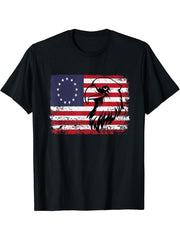 13 Star Flag Betsy Ross Distressed American Flag Bald Eagle T-Shirt 180G 100% Cotton Printed Round Neck Short-Sleeve T-Shirt, Gifts for Men Dad Husband Grandpa, S-XXXL, Black