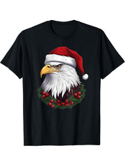Cute Bald Eagle Wearing Santa Hat Funny Animal Christmas T-Shirt 180G 100% Cotton Printed Round Neck Short-Sleeve T-Shirt, Gifts for Men Dad Husband Grandpa, S-XXXL, Black