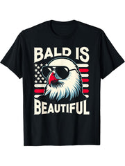 Bald is Beautiful 4th of July USA Patriotic Funny Bald Eagle T-Shirt 180G 100% Cotton Printed Round Neck Short-Sleeve T-Shirt, Gifts for Men Dad Husband Grandpa, S-XXXL, Black