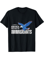 America Was Built By Immigrants Patriotic Bald Eagle T-Shirt 180G 100% Cotton Printed Round Neck Short-Sleeve T-Shirt, Gifts for Men Dad Husband Grandpa, S-XXXL, Black
