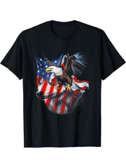 Wolf With Bald Eagles American Flag Independence Day T-Shirt 180G 100% Cotton Printed Round Neck Short-Sleeve T-Shirt, Gifts for Men Dad Husband Grandpa, S-XXXL, Black