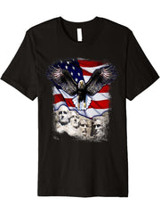 4th Of July American Bald Eagle Mount Rushmore 'Merica Flag Premium T-Shirt 180G 100% Cotton Printed Round Neck Short-Sleeve T-Shirt, Gifts for Men Dad Husband Grandpa, S-XXXL, Black
