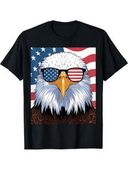 Bald Eagle with American Flag Sunglasses Bold Patriotic T-Shirt 180G 100% Cotton Printed Round Neck Short-Sleeve T-Shirt, Gifts for Men Dad Husband Grandpa, S-XXXL, Black