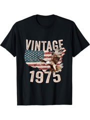 Vintage 1975 Bald Eagle American Flag Country T-Shirt 180G 100% Cotton Printed Round Neck Short-Sleeve T-Shirt, Gifts for Men Dad Husband Grandpa, S-XXXL, Black