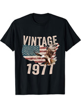 Vintage 1977 Bald Eagle American Flag Country T-Shirt 180G 100% Cotton Printed Round Neck Short-Sleeve T-Shirt, Gifts for Men Dad Husband Grandpa, S-XXXL, Black