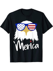Funny 4th of July, Merica Bald Eagle with Patriot Sunglasses T-Shirt 180G 100% Cotton Printed Round Neck Short-Sleeve T-Shirt, Gifts for Men Dad Husband Grandpa, S-XXXL, Black