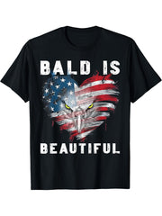 Bald Is Beautiful 4th of July Independence Day Bald Eagle T-Shirt 180G 100% Cotton Printed Round Neck Short-Sleeve T-Shirt, Gifts for Men Dad Husband Grandpa, S-XXXL, Black