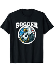 Soccer Bald Eagle Playing Soccer Games T-Shirt 180G 100% Cotton Printed Round Neck Short-Sleeve T-Shirt, Gifts for Men Dad Husband Grandpa, S-XXXL, Black
