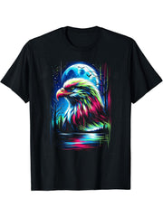 Colorful Bald Eagle Bird Spirit Animal Cool Illustration T-Shirt 180G 100% Cotton Printed Round Neck Short-Sleeve T-Shirt, Gifts for Men Dad Husband Grandpa, S-XXXL, Black
